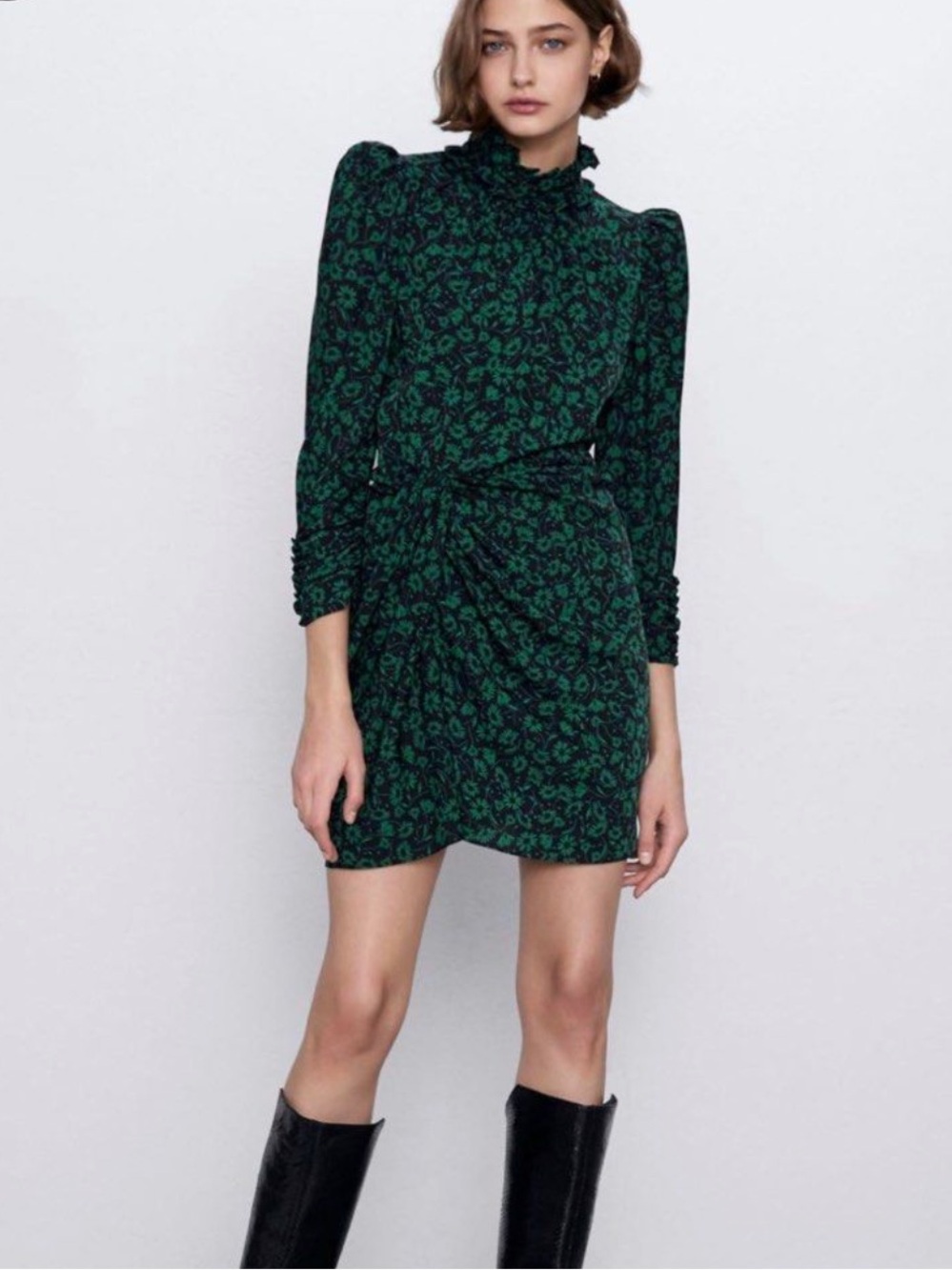 Zara Dark Green Floral High-Neck Twist Mini Dress